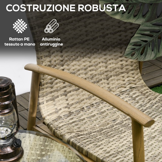 Outsunny Rattan Garden Lounge με 2 πολυθρόνες με μαξιλάρια και γυάλινο τραπέζι, καφέ και γκρι 863-125V00LR