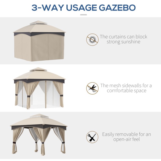 Outsunny 3x3m Steel Garden Gazebo με διπλό κουβούκλιο, πλέγμα και κουρτίνες που περιλαμβάνονται, μπεζ και γκρι 84C-368V00BG