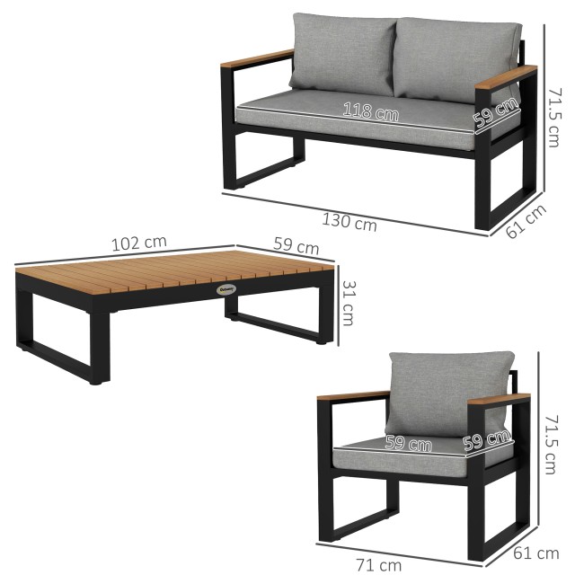 Outsunny Garden Lounge με καναπέ εξωτερικού χώρου, 2 πολυθρόνες και τραπεζάκι σαλονιού αλουμινίου, γκρι 84G-409V00GY