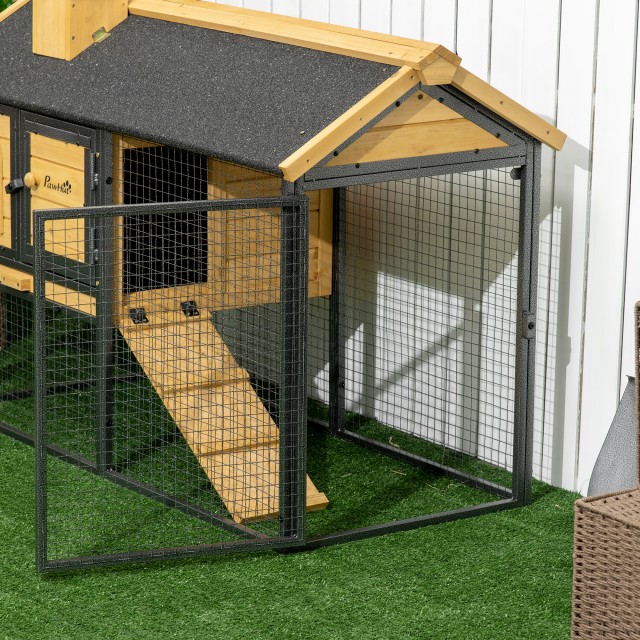 PawHut 2 Tier Spruce and Steel Hutch για κουνέλι εξωτερικού χώρου με αφαιρούμενο δίσκο, σπιτάκι κουνελιού και περιοχή τρεξίματος, 120x55,5x80 cm, κίτρινο και μαύρο D51-354V00BK