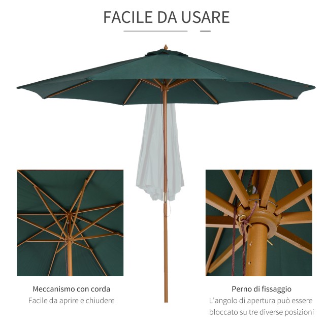 Outsunny Garden Parasol Φ300 x 250Acm με άνοιγμα σχοινιού, 8 νευρώσεις και ξύλινο κοντάρι, σκούρο πράσινο 01-0243