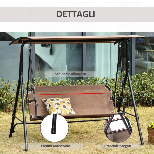 Outsunny Garden Swing Terrace 3 θέσεων με ρυθμιζόμενο μεταλλικό κουβούκλιο και Texteline 172x110x155cm, καφέ 84A-181BN