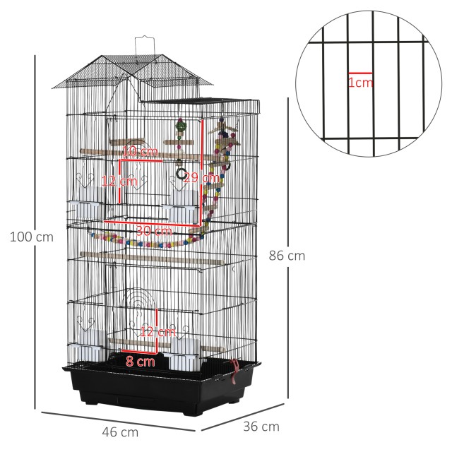 PawHut Bird Cage με σκάλα, κούνια, μπολ και παιχνίδια, σε ατσάλι, PP και ξύλο, 46x36x100 cm, μαύρο D10-081
