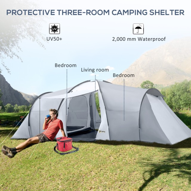 Σκηνή Camping Outsunny 4-6 Ατόμων με 2 Δωμάτια Αδιάβροχη με κουβούκλιο, 590x245x193cm, Γκρι A20-287V00CG