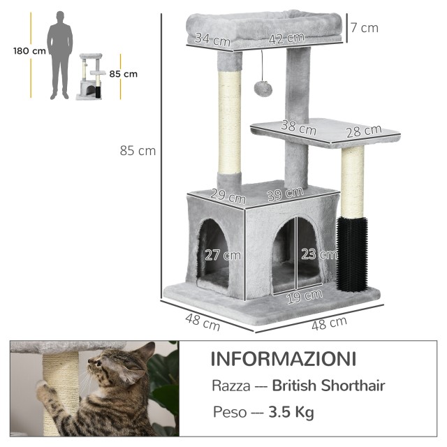 PawHut Multilevel Cat Scratching Tree with Bed and House, Λούτρινο Κάλυμμα, Γκρι D30-467