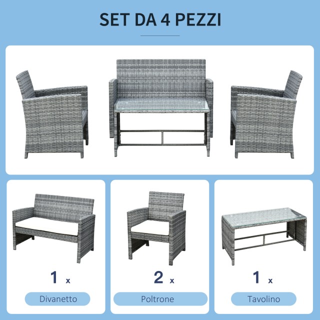 Σετ έπιπλα κήπου Outsunny σε καναπέ PE Rattan και 2 πολυθρόνες με τραπεζάκι σαλονιού και μαξιλάρια γκρι 841-173