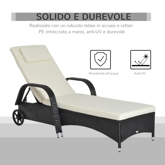 Ξαπλώστρα Outsunny σε PE Rattan με επένδυση και ρόδες μαύρο 200 x 73 x 56-103 cm 862-005BK