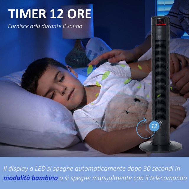 Ανεμιστήρας Tower 45W με 4 λειτουργίες και 3 ταχύτητες με χρονοδιακόπτη 12 ωρών, σε ABS, 31,5x31,5x96 cm, Μαύρο 824-051V91BK