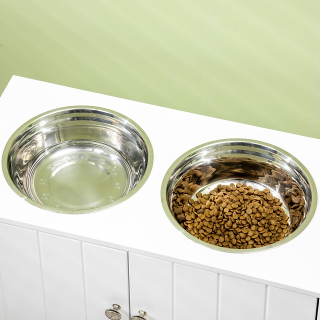 PawHut Raised Dog Bowls με Ντουλάπι 44L και 2 Ατσάλινα Μπολ, 60x30x35,5cm, Λευκό D08-040V00WT