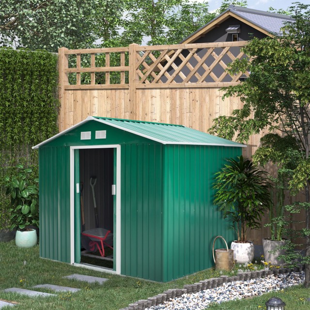 Outsunny Garden Shed Εργαλειοθήκη σε Ατσάλι, Υπόστεγο Κήπου από Ατσάλι με Συρόμενες Πόρτες, 277x195x192cm, Πράσινο 845-031GN