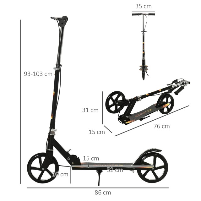 HOMCOM Scooter για παιδιά 7-14 ετών με τιμόνι ρυθμιζόμενο σε 3 ύψη, 86x35x93/98/103 cm, μαύρο 371-046V01BK