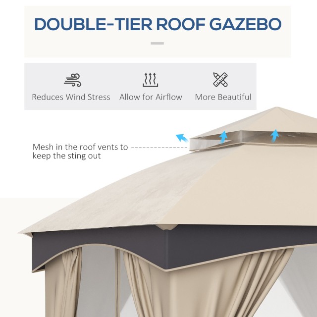 Outsunny 3x3m Steel Garden Gazebo με διπλό κουβούκλιο, πλέγμα και κουρτίνες που περιλαμβάνονται, μπεζ και γκρι 84C-368V00BG