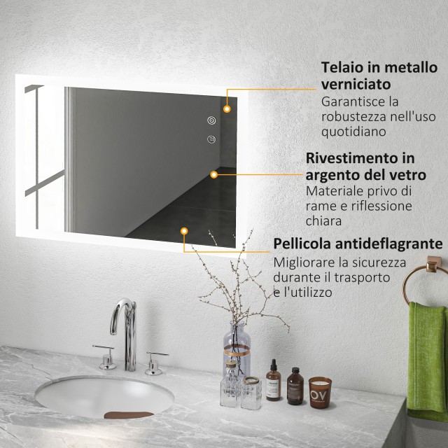 kleankin Καθρέφτης μπάνιου LED Αντιθαμβωτική με 3 Χρώματα και Ρυθμι...