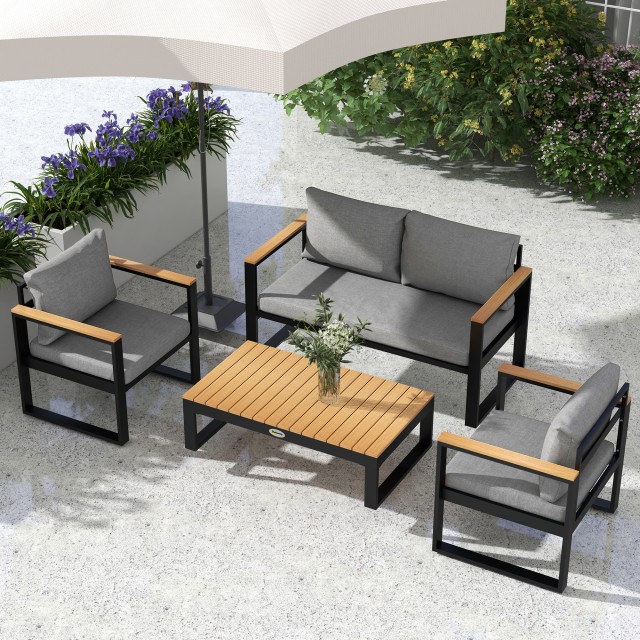 Outsunny Garden Lounge με καναπέ εξωτερικού χώρου, 2 πολυθρόνες και τραπεζάκι σαλονιού αλουμινίου, γκρι 84G-409V00GY