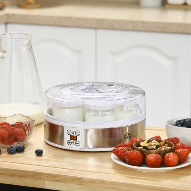 HOMCOM 20W 1,5L Συσκευή γιαουρτιού με 7 βάζα και οθόνη κουμπιών, απ...