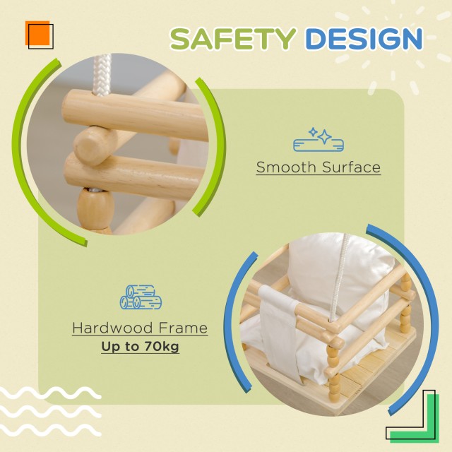 AIYAPLAY Baby Swing 9-36 μηνών από ξύλο και βαμβάκι με ρυθμιζόμενο σχοινί και μαξιλάρι, 30x30x110-180 cm 331-032V00WT