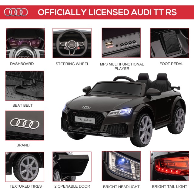 HOMCOM Ηλεκτρικό αυτοκίνητο για παιδιά 3-5 ετών AUDI TT με τηλεχειριστήριο, ανοιγόμενες πόρτες και προβολείς LED, μαύρο 370-079V90BK