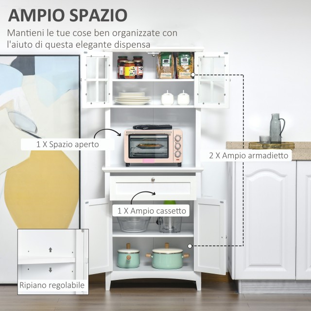 Μονάδα HOMCOM High Pantry με 2 Ντουλάπες, Ρυθμιζόμενα Ράφια και Επιφάνεια Στήριξης, σε MDF, 68,6x40x164 cm, Λευκό 835-343