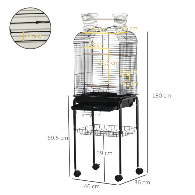 PawHut Bird Cage με 3 κούρνιες, 2 μπολ και 2 πλαϊνές πόρτες, σε ατσάλι, PP και ξύλο, 46x36x130 cm, Μαύρο D10-077