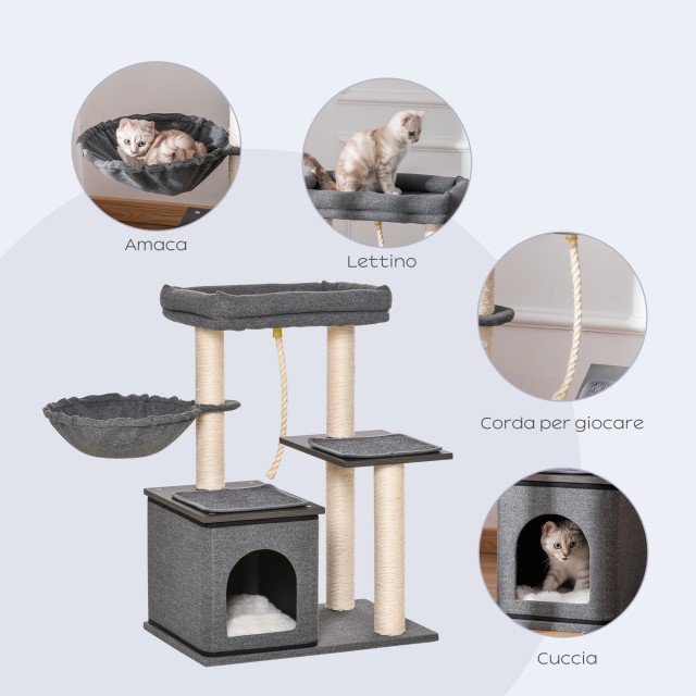 PawHut Cat Scratching Post Tree με κρεβάτι, αιώρα, σπιτάκι και στύλους Sisal, 60x40x83cm, Γκρι D30-447