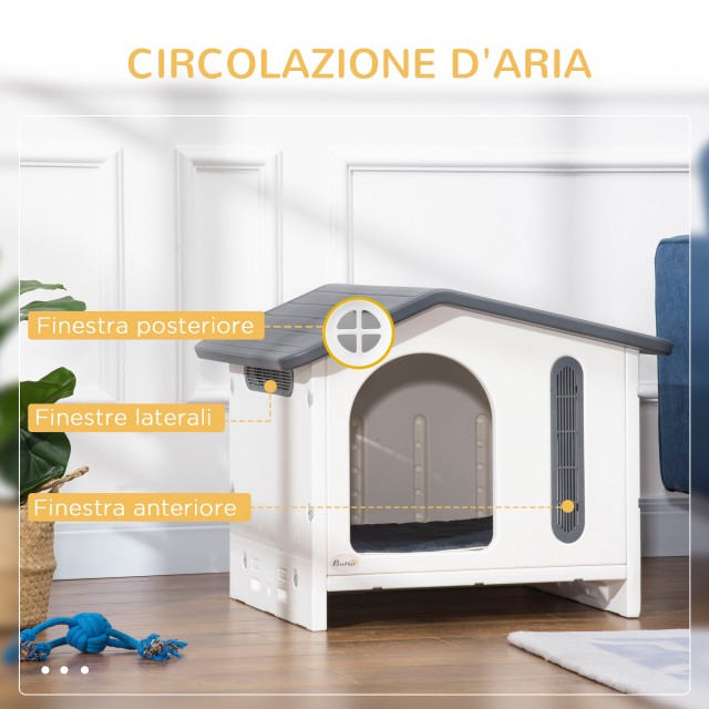 PawHut Raised Dog House με δίσκο για 2 μπολ, παράθυρα και αφρώδες μαξιλάρι, 70x64x56cm, γκρι και λευκό D04-243V00WT