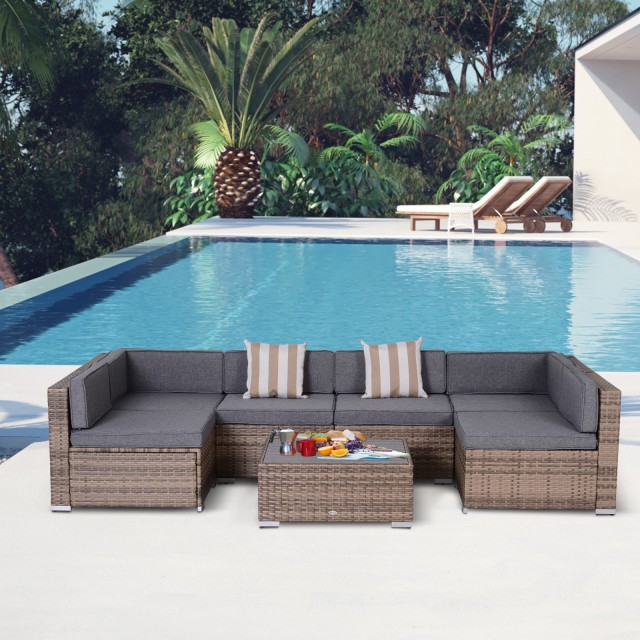 Outsunny 7 τεμαχίων Rattan Garden Lounge με τραπεζάκι σαλονιού και αρθρωτό καναπέ με μαξιλάρια, γκρι 860-020V03