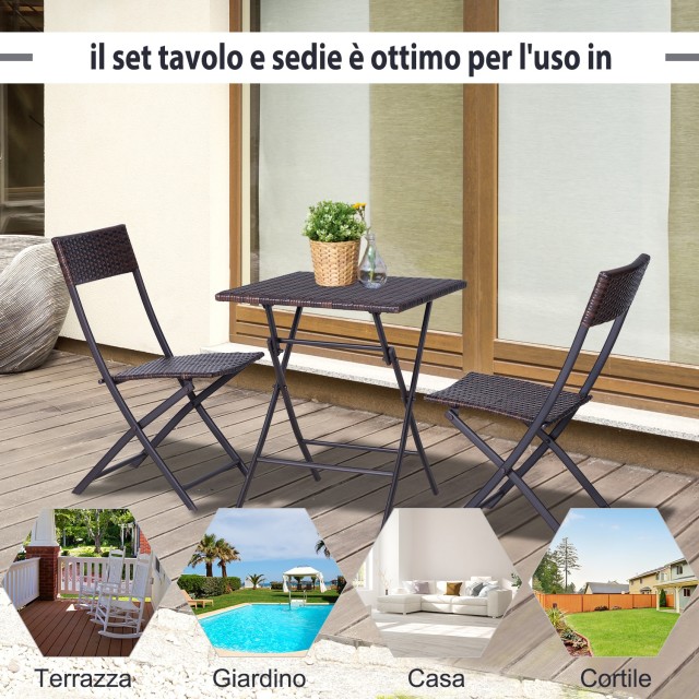Outsunny Rattan Σετ Έπιπλα Κήπου 1 Τραπεζάκι σαλονιού και 2 Πτυσσόμενες Καρέκλες Κήπου 3τμχ Καφέ 841-176