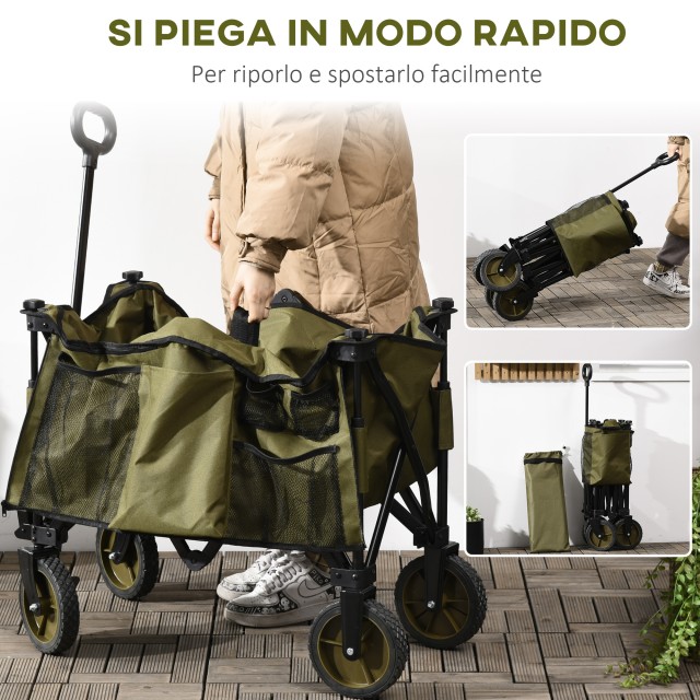 Outsunny 125L Πτυσσόμενο καρότσι κήπου με χερούλι και 5 τσάντες, 108x55x93 cm, πράσινο 845-853V00GN
