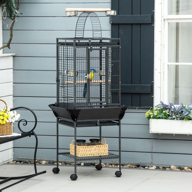 PawHut Budgie Cage with 2 Perches and Arched Ladder, Ατσάλι, 62,5x62,5x156 cm, Γκρι D10-068