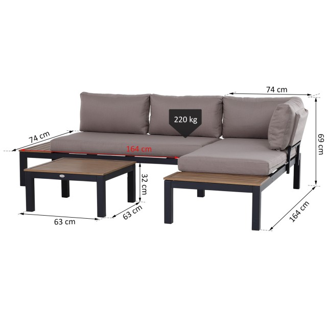 Outsunny Garden Σετ 3 τεμαχίων, 2 2θέσιοι καναπέδες και 1 τραπεζάκι σαλονιού, σε αλουμίνιο, γκρι 84B-377