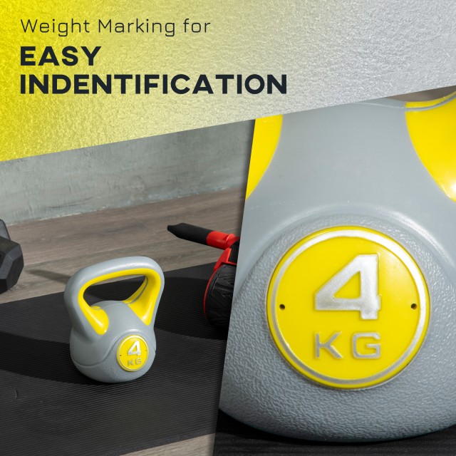 SPORTNOW Kettlebell 4kg σε PU και Sand με επίπεδη βάση και λαβή για Deadlifts, Squats και Lifts, 18x12x20 cm, Κίτρινο A91-255V01YL