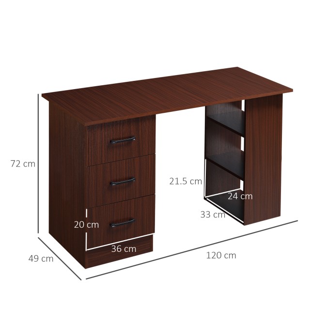 HOMCOM Γραφείο με 3 Συρτάρια και 3 Ξύλινα Ράφια, 120x49x72cm, Καρυδιά 836-068V01