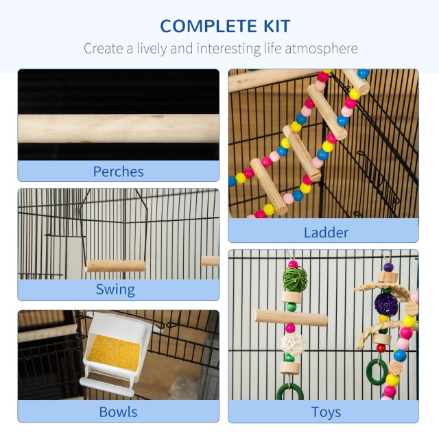 PawHut Bird Cage με σκάλα, κούνια, μπολ και παιχνίδια, σε ατσάλι, PP και ξύλο, 46x36x100 cm, μαύρο D10-081