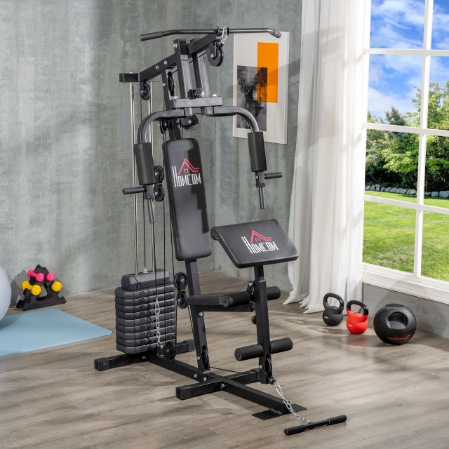 HOMCOM Multifunction Fitness Station Power Tower με βάρη έως 45 κιλά και πάγκο με επένδυση, 135x103x210 cm A91-177