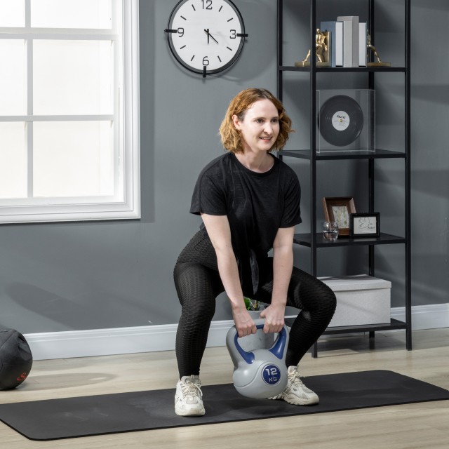 SPORTNOW Kettlebell 12kg σε PU και Sand με επίπεδη βάση και λαβή για Deadlifts, Squats και Lifts, 24x17x28 cm, Μπλε A91-255V05BU