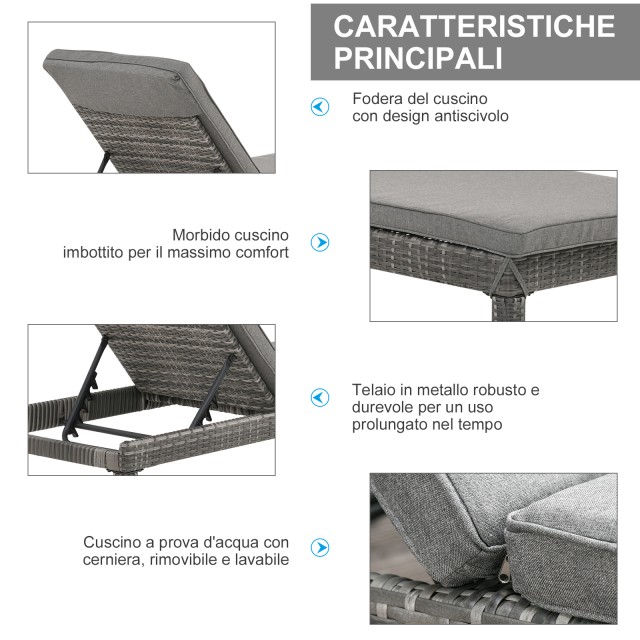Outsunny Σετ 2 ξαπλώστρες κήπου σε PE Rattan με γκρι μαξιλάρι με επένδυση 862-019GY