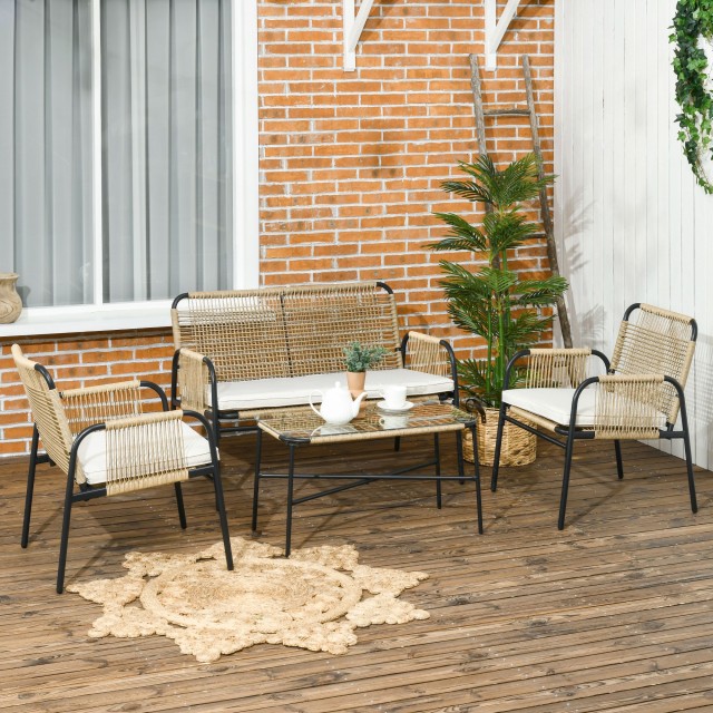 Outsunny Garden Lounge σε PE Rattan με καναπέ και 2 πολυθρόνες με μαξιλάρια, γυάλινο τραπεζάκι σαλονιού, κίτρινο 860-286V02YL