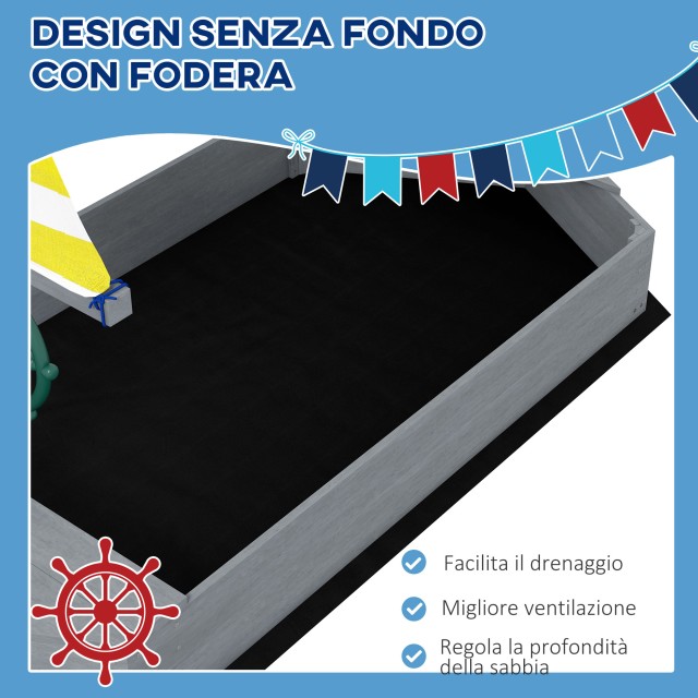 Outsunny Sandbox σε σχήμα σκάφους για παιδιά 3-8 ετών, από ξύλο ελάτης και πολυεστέρα, 190x90x138 cm 343-068V00CG