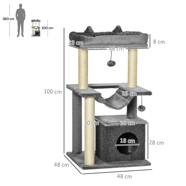 Cat Tree με Σιζάλ Σχοινί ξύσιμο Σπίτι Μαξιλάρι και αιώρα Λούτρινο και τσόχα κάλυμμα Γκρι 48 x 48 x 90 cm PawHut D30-491