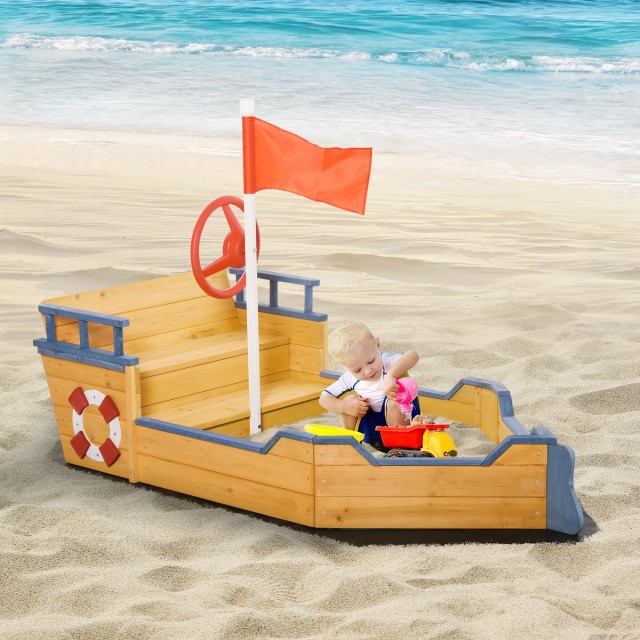 Outsunny Pirate Ship Ξύλινο Sandpit για Παιδιά με Αποθηκευτικό χώρο, 158x78x45,5cm 343-022V01