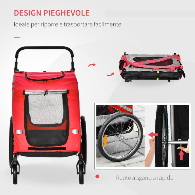 PawHut Dog Trailer με ανοιγόμενη είσοδο, ρόδες και σημαία, ατσάλι και ύφασμα Oxford, κόκκινο ασημί μαύρο D00-144RD
