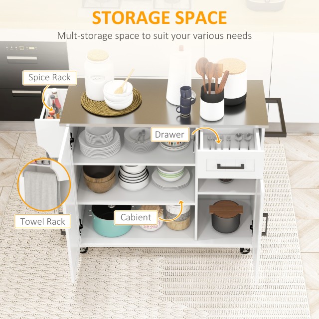 HOMCOM Kitchen Island με συρτάρι, ντουλάπι και 2 ανοιχτά ράφια, από MDF και ανοξείδωτο ατσάλι, 128x45,5x91,5 cm 801-341V80WT
