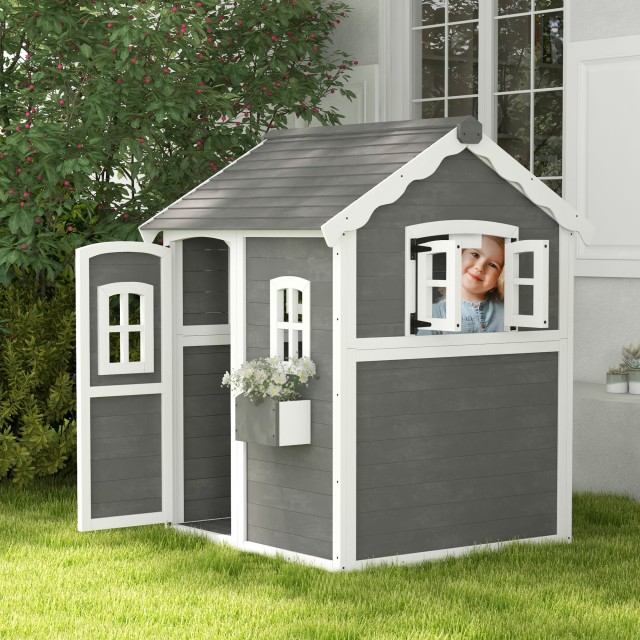 Outsunny Playhouse για παιδιά 3-8 ετών με 6 παράθυρα και ζαρντινιέρα, σε ξύλο ελάτης, 104,5x110x137 cm, Γκρι 345-026V00GY