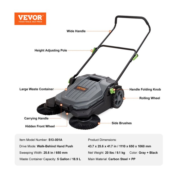 Χειροκίνητο Σάρωθρο με Κάδο 18.9 Lt VEVOR BXSQSC55JL26E5I64V0
