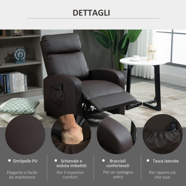 Πολυθρόνα μασάζ HOMCOM Relax με 8 λειτουργίες e 5 Intensit ?, Ανακλινόμενη πολυθρόνα με υποπόδιο και τηλεχειριστήριο - Καφέ 700-143V90BN