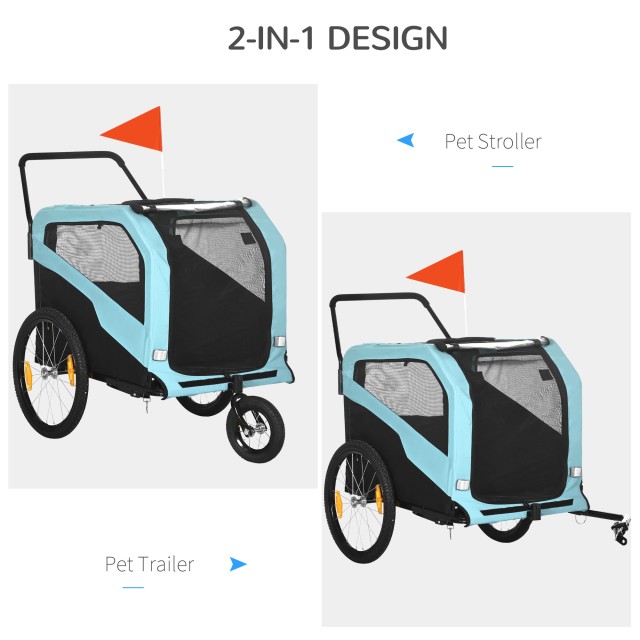 PawHut Bike Trailer για σκύλους 30kg max με 2 εισόδους και τσέπες αποθήκευσης, σε ατσάλι και ύφασμα Oxford, μπλε D00-168V00LB