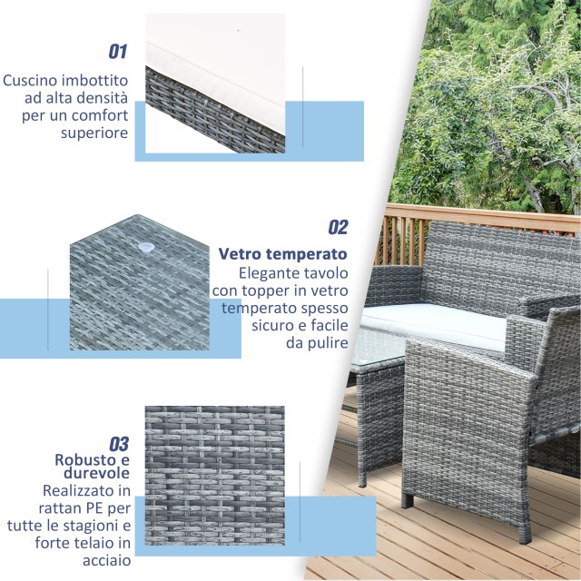 Σετ έπιπλα κήπου Outsunny σε καναπέ PE Rattan και 2 πολυθρόνες με τραπεζάκι σαλονιού και μαξιλάρια γκρι 841-173