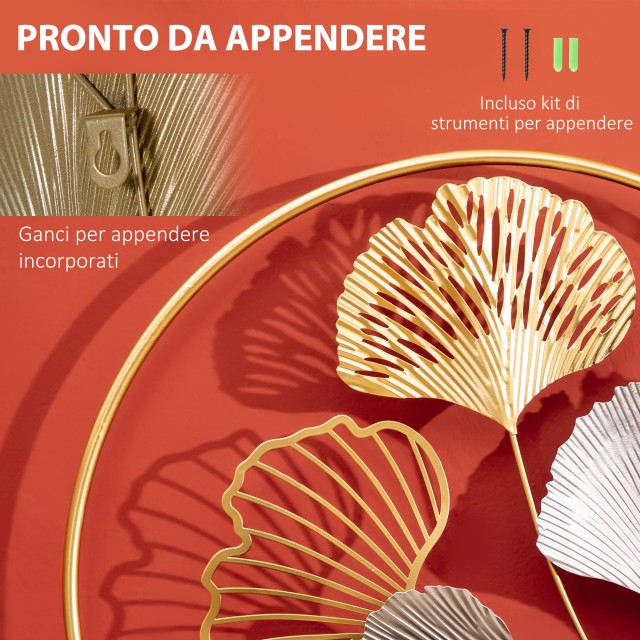 HOMCOM 3D Μεταλλική Διακόσμηση Τοίχων, Golden Ginkgo Wall Art σε δύο στρογγυλά πλαίσια, 138x70cm, χρυσό και ασήμι 830-652V00MX