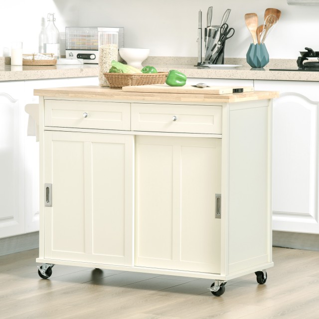 HOMCOM Kitchen Island για σκεύη και αξεσουάρ με συρτάρια, ντουλάπι και κρεμάστρα για πετσέτες, 110x49,5x89,5 cm, Λευκό 801-171