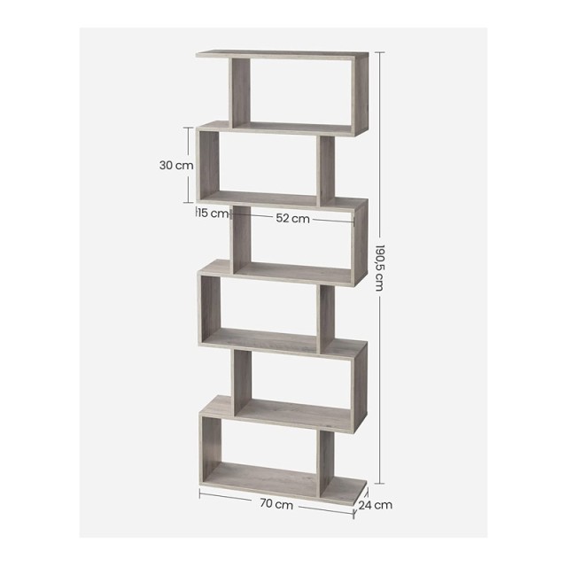 Ξύλινη Βιβλιοθήκη με 6 Ράφια 70 x 24 x 190.5 cm Χρώματος Γκρι VASAGLE LBC061M01